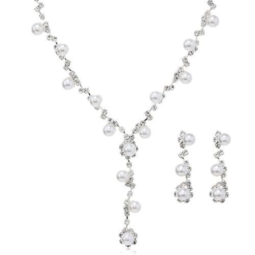 QEXUJOW Schmucksets für Damen Silberne Strass-Halskette, Ohrringe, Armband-Set, Perlen- und Zirkonia-Schmuckzubehör für den täglichen Gebrauch, Party, Hochzeit (3er-Set) von QEXUJOW