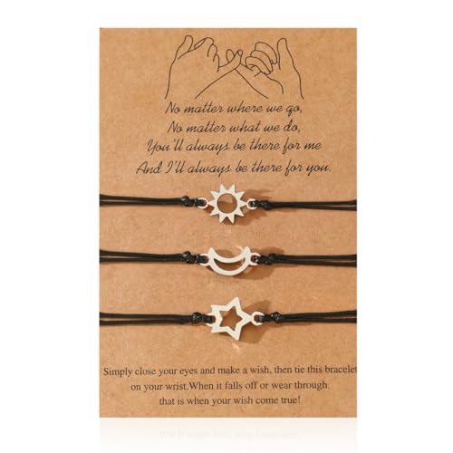 QEXUJOW in Bijouterie Silbernes Damen-Sonnen-Stern-Mond-Armband für Frauen und Mädchen, aus schwarzem Stoff mit Metallanhänger (3er-Set) von QEXUJOW
