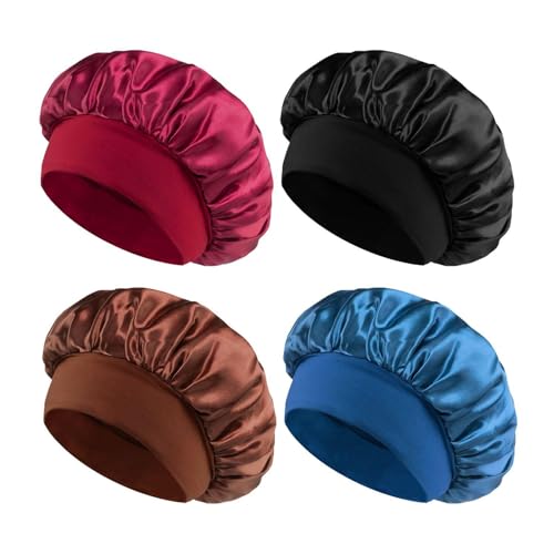 QFEHTHSK 4 Stück Damen-Schlafmütze, Elastische Nachtmütze Mit Breiter Krempe, Hut Für Lockiges Haar, Make-Up- Und Hautpflege-Haube, Bade- Und Haarpflege-Haube, Verstellbarer Seidenhut von QFEHTHSK