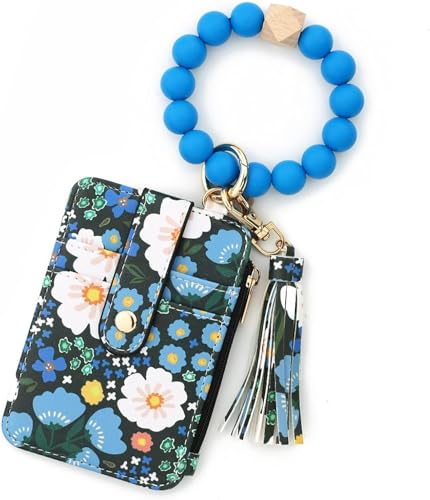 QFFYFZAL Damen-Brieftasche mit Perlen und Blumenmuster, Schlüsselanhänger, Kreditkartenetui, Silikonarmband von QFFYFZAL