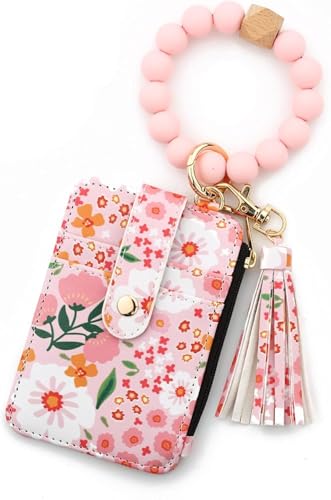 QFFYFZAL Damen-Brieftasche mit Perlen und Blumenmuster, Schlüsselanhänger, Kreditkartenetui, Silikonarmband von QFFYFZAL