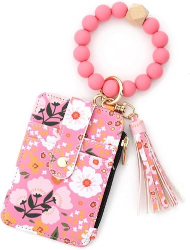 QFFYFZAL Damen-Brieftasche mit Perlen und Blumenmuster, Schlüsselanhänger, Kreditkartenetui, Silikonarmband von QFFYFZAL