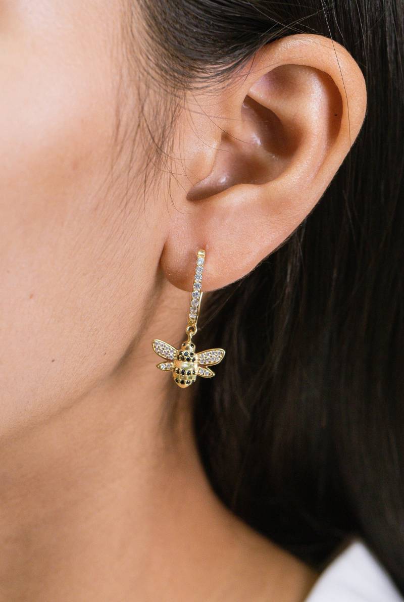Honey Bee 14K Gold Creolen Schwarze Diamant Ohrringe von QFineJewelry