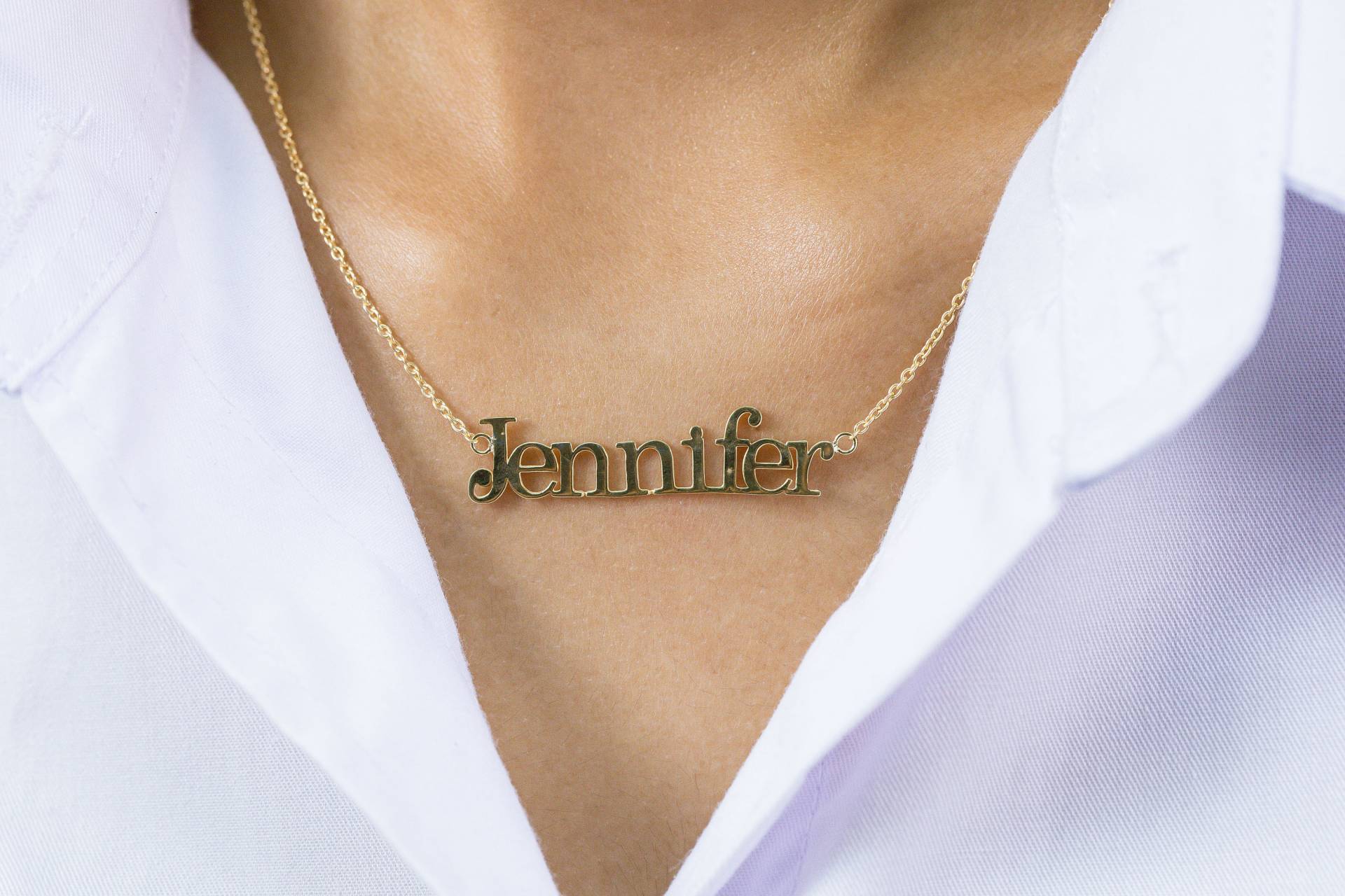 Jennifer Namensschild Halskette, Benutzerdefinierte Name Schmuck, 14K Solid Gold Personalisierte Halskette Geschenke Für Frauen von QFineJewelry