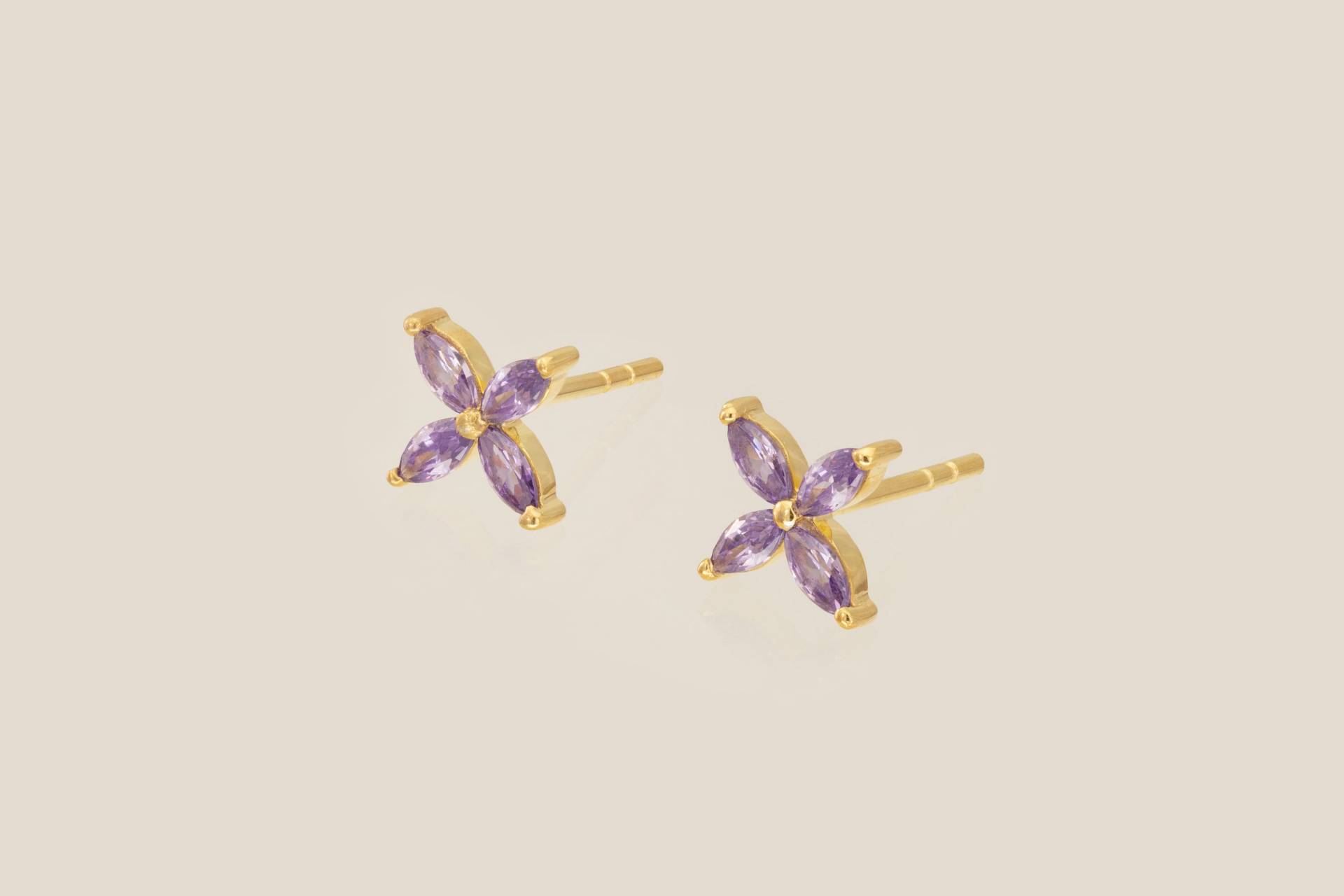 Marquise Cut Amethyst Ohrstecker, 14K Solid Gold Vier Stein Blumen Februar Birthstone Geschenke, Braut Ohrringe von QFineJewelry