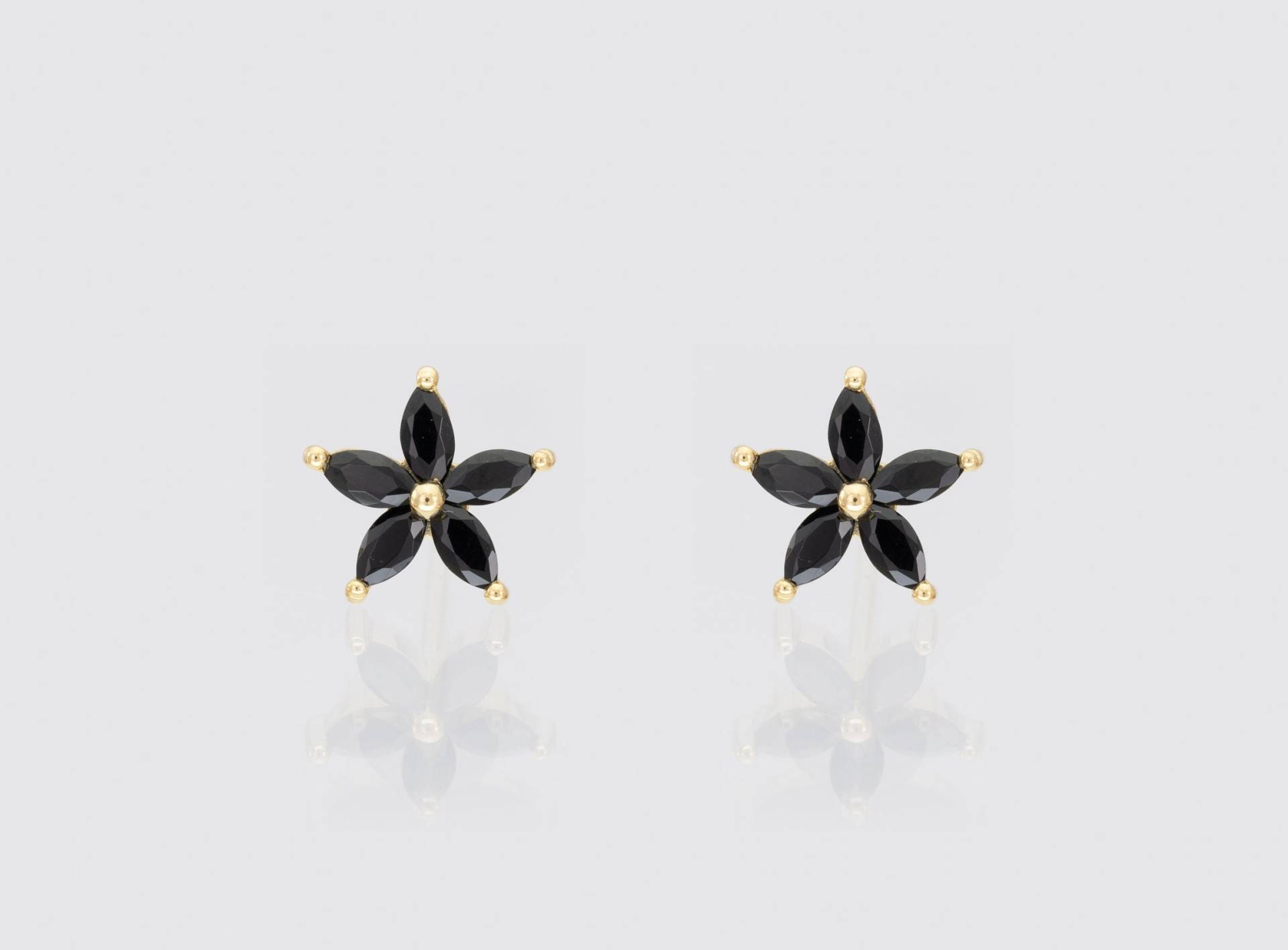 Schwarze Diamanten Stern Ohrstecker, 14K Solid Gold Marquise Fünf Stein Blumen Zierliche Minimal Ohrringe, Brautschmuck von QFineJewelry