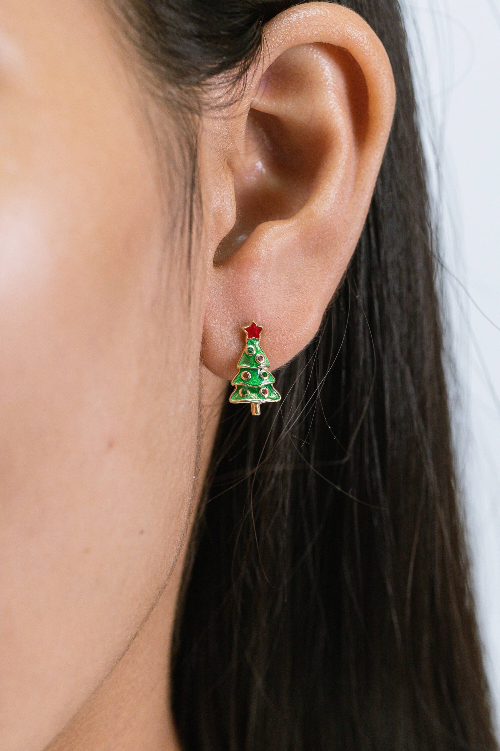 Weihnachtsbaum Diamant Ohrstecker, Tannenbaum Ohrringe, Und Rote Emaille Weihnachtsgeschenke, Kleine Ohrstecker von QFineJewelry