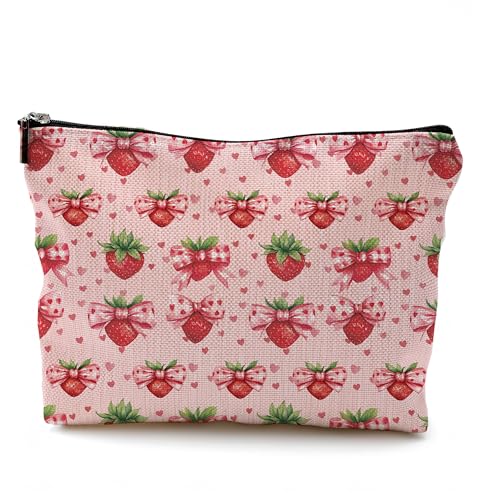 QGFM Make-up-Tasche mit Erdbeermotiv, kokette, rosa Schleife, Erdbeer-Kosmetiktasche für Damen, niedliches Geschenk für Frauen, adrette, ästhetische rosa Make-up-Tasche mit Reißverschluss von QGFM
