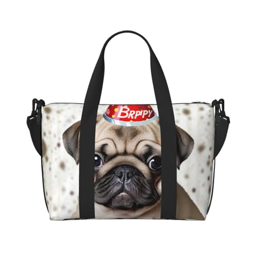 Dreamlike Sunset of A Sunflower Field Crossbody Reisetasche – Wasserabweisende Handgepäck-Handtasche, große Kapazität Turnbeutel, Niedlicher Mops-Welpe mit Aufschrift "Happy Birthday", Einheitsgröße von QGGHNISD