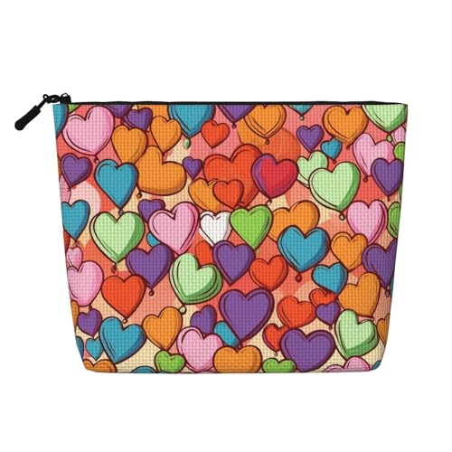 Korallenfarbene Muster Kosmetiktasche für Damen - Tragbarer Reise-Organizer Kulturbeutel mit Reißverschluss, Buntes Herzmuster., Einheitsgröße von QGGHNISD