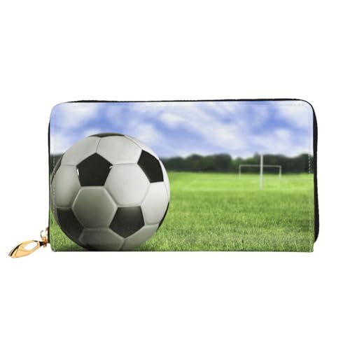 QGGHNISD Animal Funny Cow Head Schwarz Weiß Damen Lang Leder Geldbörse mit Reißverschluss Kartenfächer Bargeldfach Clutch Geldbörse, Fußball-Hintergrund, Einheitsgröße von QGGHNISD