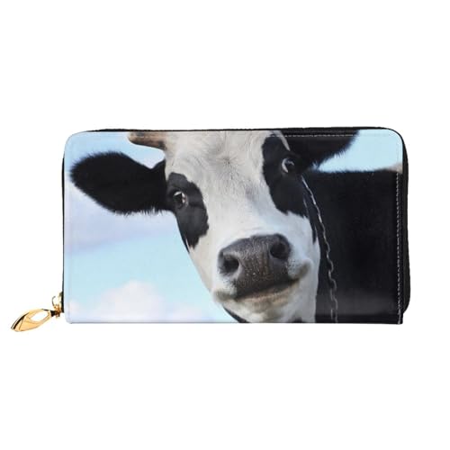 QGGHNISD Animal Funny Cow Head Schwarz Weiß Damen Lang Leder Geldbörse mit Reißverschluss Kartenfächer Bargeldfach Clutch Geldbörse, Tier lustiger Kuhkopf schwarz weiß, Einheitsgröße von QGGHNISD