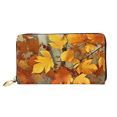 QGGHNISD Blue Dragonfly and Lotus Damen Lang Leder Geldbörse mit Reißverschluss Kartenfächer Bargeldfach Clutch Geldbörse, Herbst-goldene Blätter, Einheitsgröße von QGGHNISD