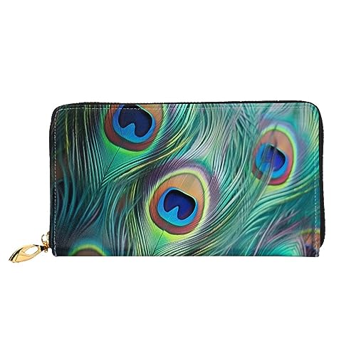 QGGHNISD Blue Dragonfly and Lotus Damen Lang Leder Geldbörse mit Reißverschluss Kartenfächer Bargeldfach Clutch Geldbörse, Pfauenfedern, Einheitsgröße von QGGHNISD