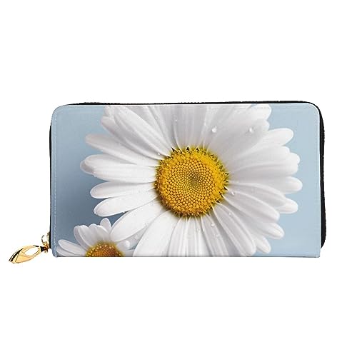 QGGHNISD Blue Dragonfly and Lotus Damen Lang Leder Geldbörse mit Reißverschluss Kartenfächer Bargeldfach Clutch Geldbörse, Weißer Gänseblümchen, Einheitsgröße von QGGHNISD