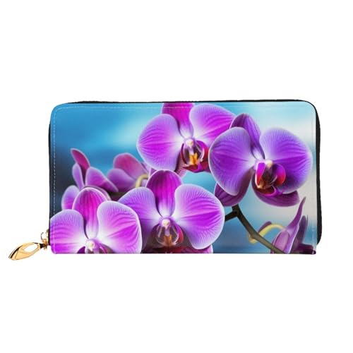 QGGHNISD Braune Labrador Retriever Damen Lange Leder Geldbörse mit Reißverschluss Kartenfächer Bargeldfach Clutch Geldbörse, Schöne Orchidee, Einheitsgröße von QGGHNISD