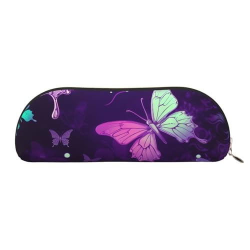 QGGHNISD Butterfly Purple Half Round Organizer - Compact and Portable Leather Cosmetic Bag With Metal Zip Pen Pouch, Suitable For Students Or Office Use von QGGHNISD