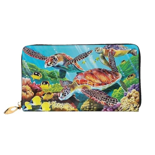 QGGHNISD Corgi Pattern Damen Geldbörse Leder Lang mit Reißverschluss Kartenfächer Bargeldfach Clutch Geldbörse, Niedliche kleine Schildkröte, Einheitsgröße von QGGHNISD