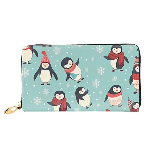 QGGHNISD Cute Tiger Damen Lange Leder Geldbörse mit Reißverschluss Kartenfächer Bargeldfach Clutch Geldbörse, Winter-Weihnachts-Pinguine, Einheitsgröße von QGGHNISD