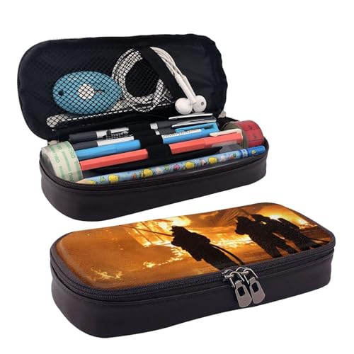 QGGHNISD Delphin in The Coral Reef Leder-Federmäppchen, große Kapazität, langlebige Bleistiftbox, Schüler-Schreibwaren-Tasche, geeignet für Schreibwaren/Kosmetik/Kleinigkeiten, Feuerwehrmann von QGGHNISD