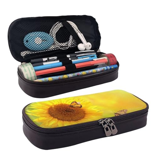 QGGHNISD Delphin in The Coral Reef Leder-Federmäppchen, große Kapazität, langlebige Bleistiftbox, Schüler-Schreibwaren-Tasche, geeignet für Schreibwaren/Kosmetik/Kleinigkeiten, Sonnenblume von QGGHNISD