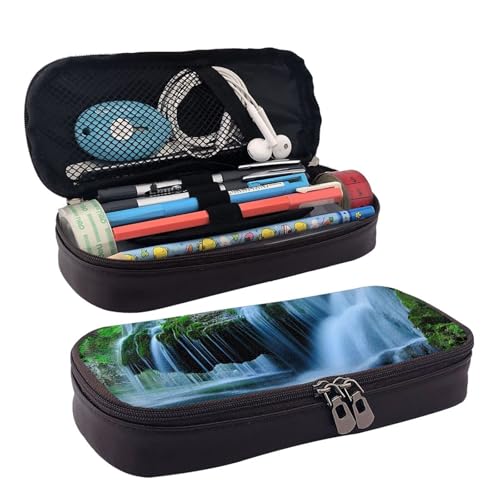 QGGHNISD Delphin in The Coral Reef Leder-Federmäppchen, große Kapazität, langlebige Bleistiftbox, Schüler-Schreibwaren-Tasche, geeignet für Schreibwaren/Kosmetik/Kleinigkeiten, Wasserfall-Malerei von QGGHNISD