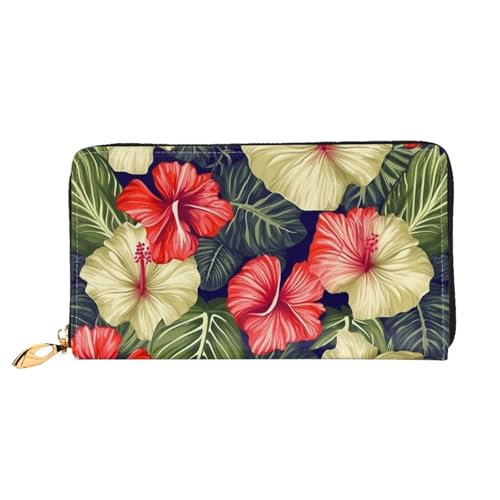 QGGHNISD Drummer Damen Geldbörse Leder Lang mit Reißverschluss Kartenfächer Bargeldfach Clutch Geldbörse, Hintergrund mit Hibiskusblättern, Einheitsgröße von QGGHNISD
