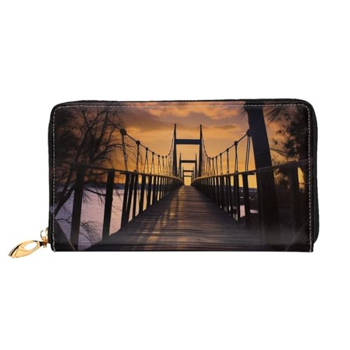 QGGHNISD Elephant Painting Damen Lang Leder Geldbörse mit Reißverschluss Kartenfächer Bargeldfach Clutch Geldbörse, Brücke bei Dämmerung, Einheitsgröße von QGGHNISD