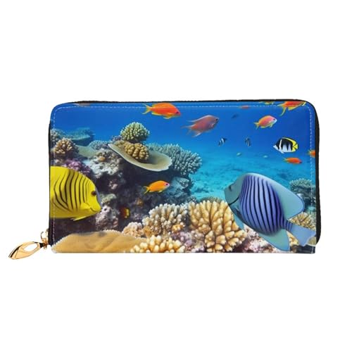 QGGHNISD Elephant Painting Damen Lang Leder Geldbörse mit Reißverschluss Kartenfächer Bargeldfach Clutch Geldbörse, Korallen und Meeresfische, Einheitsgröße von QGGHNISD