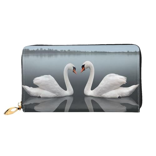 QGGHNISD Ethnisches geometrisches Muster Damen Lang Leder Geldbörse mit Reißverschluss Kartenfächer Bargeldfach Clutch Geldbörse, Schwan Reflection, Einheitsgröße von QGGHNISD