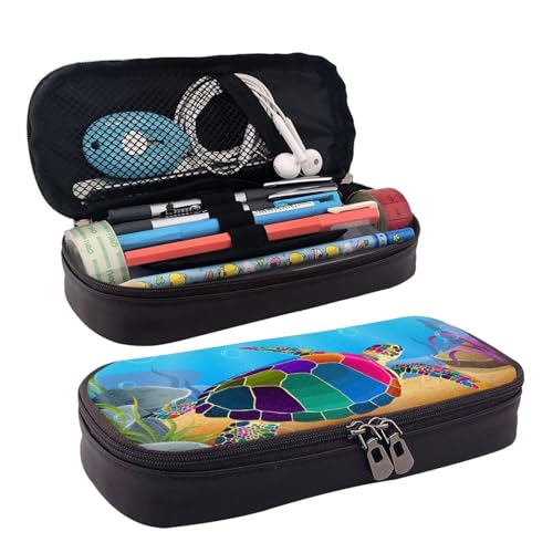 QGGHNISD Federmäppchen aus Leder mit Chemie-Druck, große Kapazität, langlebig, Federmäppchen, Schüler-Schreibwaren-Tasche, geeignet für Schreibwaren/Kosmetik/kleine Gegenstände, Meeresschildkröte von QGGHNISD
