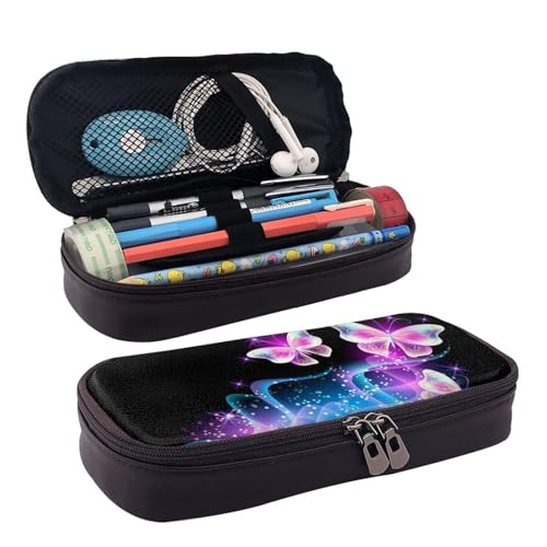 QGGHNISD Federmäppchen aus Leder mit Chemie-Druck, große Kapazität, langlebig, Federmäppchen, Schüler-Schreibwaren-Tasche, geeignet für Schreibwaren/Kosmetik/kleine Gegenstände, Neon Butterfly von QGGHNISD