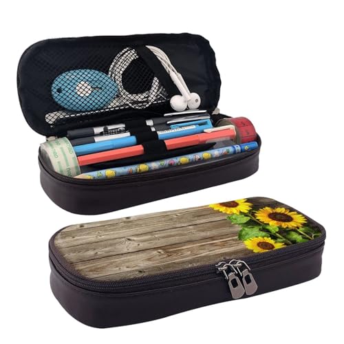 QGGHNISD Federmäppchen aus Leder mit Chemie-Druck, große Kapazität, langlebig, Federmäppchen, Schüler-Schreibwaren-Tasche, geeignet für Schreibwaren/Kosmetik/kleine Gegenstände, Sonnenblumen auf von QGGHNISD