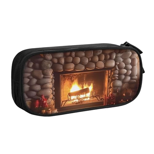 QGGHNISD Federmäppchen für Weihnachten, Kamin, Neujahr, großes Fassungsvermögen, doppellagig, mit Trennwand, Schreibwaren-Tasche, Reißverschluss, niedlich, bedruckt, Kosmetiktasche für Schule, Büro von QGGHNISD