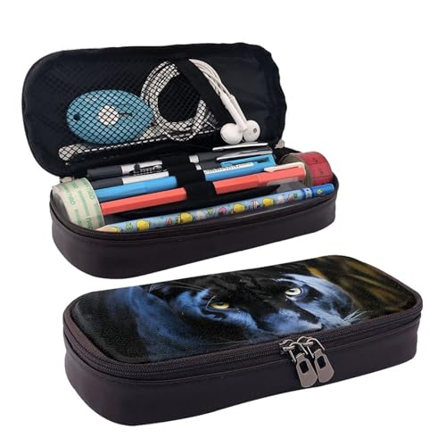 QGGHNISD Fire and Water Phoenix Federmäppchen aus Leder, große Kapazität, langlebig, Federmäppchen, Schüler-Schreibwaren-Tasche, geeignet für Schreibwaren/Kosmetik/kleine Gegenstände, Panther mit von QGGHNISD