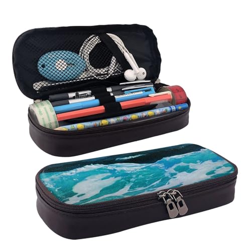 QGGHNISD Französische Bulldogge Leder-Federmäppchen, große Kapazität, langlebige Bleistiftbox, Schüler-Schreibwaren-Tasche, geeignet für Schreibwaren/Kosmetik/Kleinigkeiten, Ocean Beach, Einheitsgröße von QGGHNISD