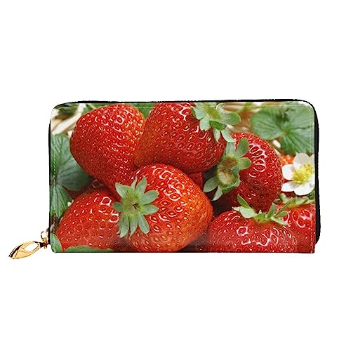 QGGHNISD Fruit Strawberry Damen Lang Leder Geldbörse mit Reißverschluss Kartenfächer Bargeldfach Clutch Geldbörse, Obst Erdbeere, Einheitsgröße von QGGHNISD