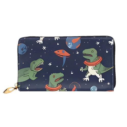 QGGHNISD Golden Sunset Glatzenadler Damen Lang Leder Geldbörse mit Reißverschluss Kartenfächer Bargeldfach Clutch Geldbörse, Lustiger Astronauten-Dinosaurier-Rakete, Einheitsgröße von QGGHNISD
