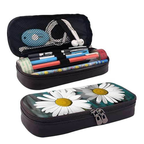 QGGHNISD Golden Sunset Weißkopfseeadler Leder-Federmäppchen, große Kapazität, langlebige Bleistiftbox, Schüler-Schreibwaren-Tasche, geeignet für Schreibwaren/Kosmetik/Kleinigkeiten, Gänseblümchen von QGGHNISD