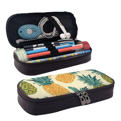 QGGHNISD Hahn und Henne Leder Federmäppchen Große Kapazität Langlebig Bleistift Box Student Schreibwaren Tasche Geeignet für Schreibwaren/Kosmetik/Kleinigkeiten, Ananasmuster, Einheitsgröße von QGGHNISD