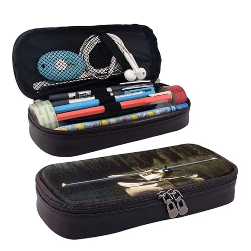 QGGHNISD Hahn und Henne Leder Federmäppchen Große Kapazität Langlebig Bleistift Box Student Schreibwaren Tasche Geeignet für Schreibwaren/Kosmetik/Kleinigkeiten, Flugzeug am See, Einheitsgröße von QGGHNISD