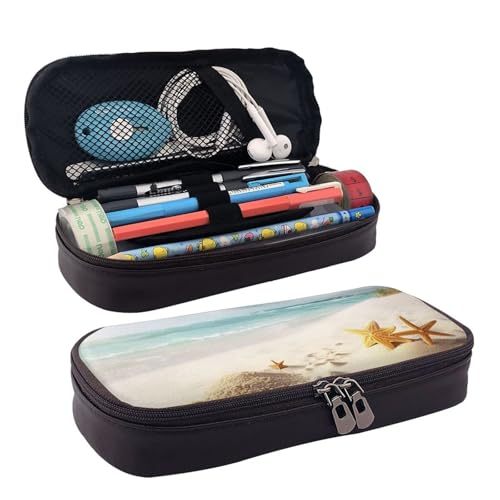 QGGHNISD Hahn und Henne Leder Federmäppchen Große Kapazität Langlebig Bleistift Box Student Schreibwaren Tasche Geeignet für Schreibwaren/Kosmetik/Kleinigkeiten, Strandmotiv, Einheitsgröße von QGGHNISD