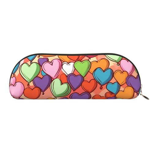 QGGHNISD Halbrunder Organizer mit bunten Blumen – kompakte und tragbare Kosmetiktasche aus Leder mit Metallreißverschluss, geeignet für Studenten oder Büro, Buntes Herzmuster., Einheitsgröße, von QGGHNISD