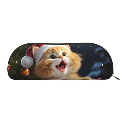 QGGHNISD Halbrunder Organizer mit bunten Blumen – kompakte und tragbare Kosmetiktasche aus Leder mit Metallreißverschluss, geeignet für Studenten oder Büro, Niedliche Katze singt Weihnachtslieder, von QGGHNISD