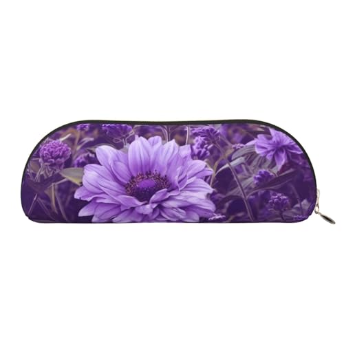 QGGHNISD Halbrunder Organizer mit violettem Blumenmuster, kompakte und tragbare Leder-Kosmetiktasche mit Metallreißverschluss, geeignet für Studenten oder Büro von QGGHNISD