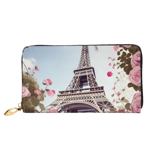 QGGHNISD Hedgehog Geldbörse Damen Lang Leder Geldbörse mit Reißverschluss Kartenfächer Bargeldfach Clutch Geldbörse, Paris Eiffelturm Blume, Einheitsgröße von QGGHNISD