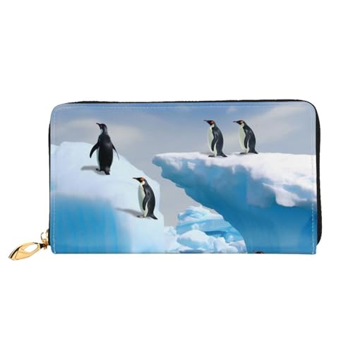 QGGHNISD Hedgehog Geldbörse Damen Lang Leder Geldbörse mit Reißverschluss Kartenfächer Bargeldfach Clutch Geldbörse, Pinguine auf dem Eisberg, Einheitsgröße von QGGHNISD