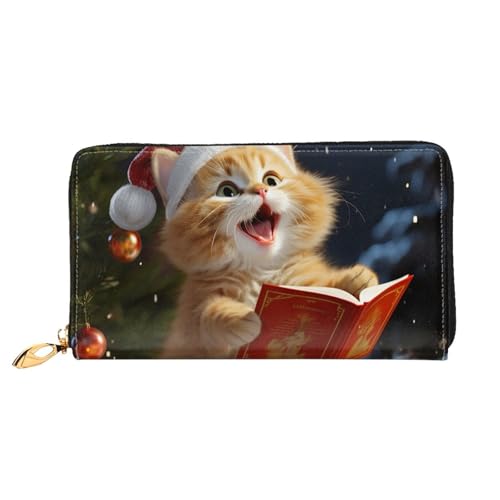 QGGHNISD LEMON Damen Lange Leder Geldbörse mit Reißverschluss Kartenfächer Bargeldfach Clutch Geldbörse, Niedliche Katze singt Weihnachtslieder, Einheitsgröße von QGGHNISD