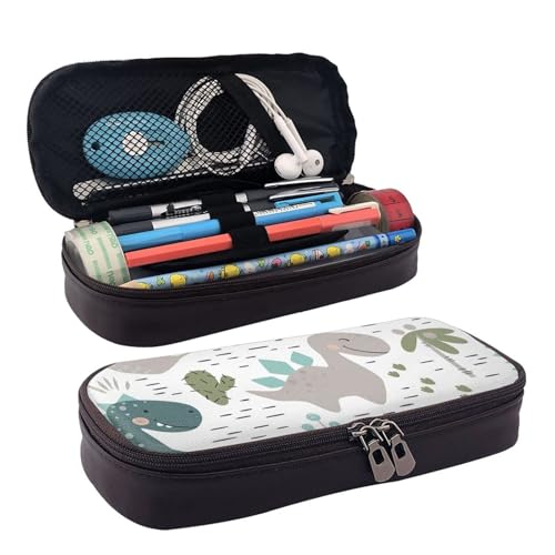 QGGHNISD Labrador Retriever Federmäppchen aus Leder, große Kapazität, langlebig, Federmäppchen, Schüler-Schreibwaren-Tasche, geeignet für Schreibwaren/Kosmetik/kleine Gegenstände, Cartoon Dinosaurier von QGGHNISD