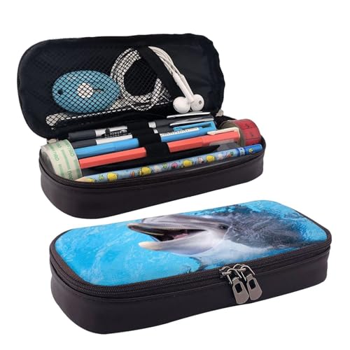 QGGHNISD Labrador Retriever Federmäppchen aus Leder, große Kapazität, langlebig, Federmäppchen, Schüler-Schreibwaren-Tasche, geeignet für Schreibwaren/Kosmetik/kleine Gegenstände, Delfin von QGGHNISD